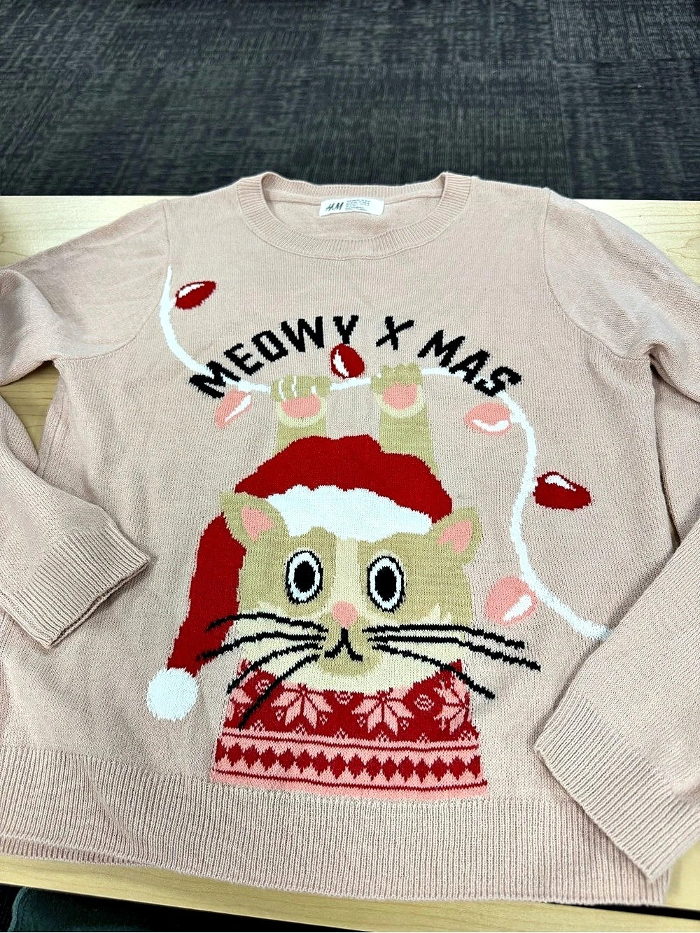 H&M Meowy X-Mas Cat Christmas Sweater Pink & Red Medium